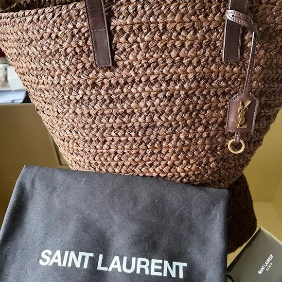 Saint Laurent Logo Raffia Tote chocolate and leather. - Picture 3 of 7